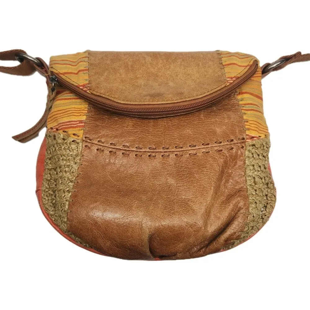 The Sak Purse Deena Flap Crossbody Bag Brown Leather Patchwork Woven Small